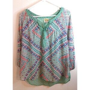 Anthropologie Fig & Flower Floral Popover Top L Green Pink Boho Peasant Sheer
